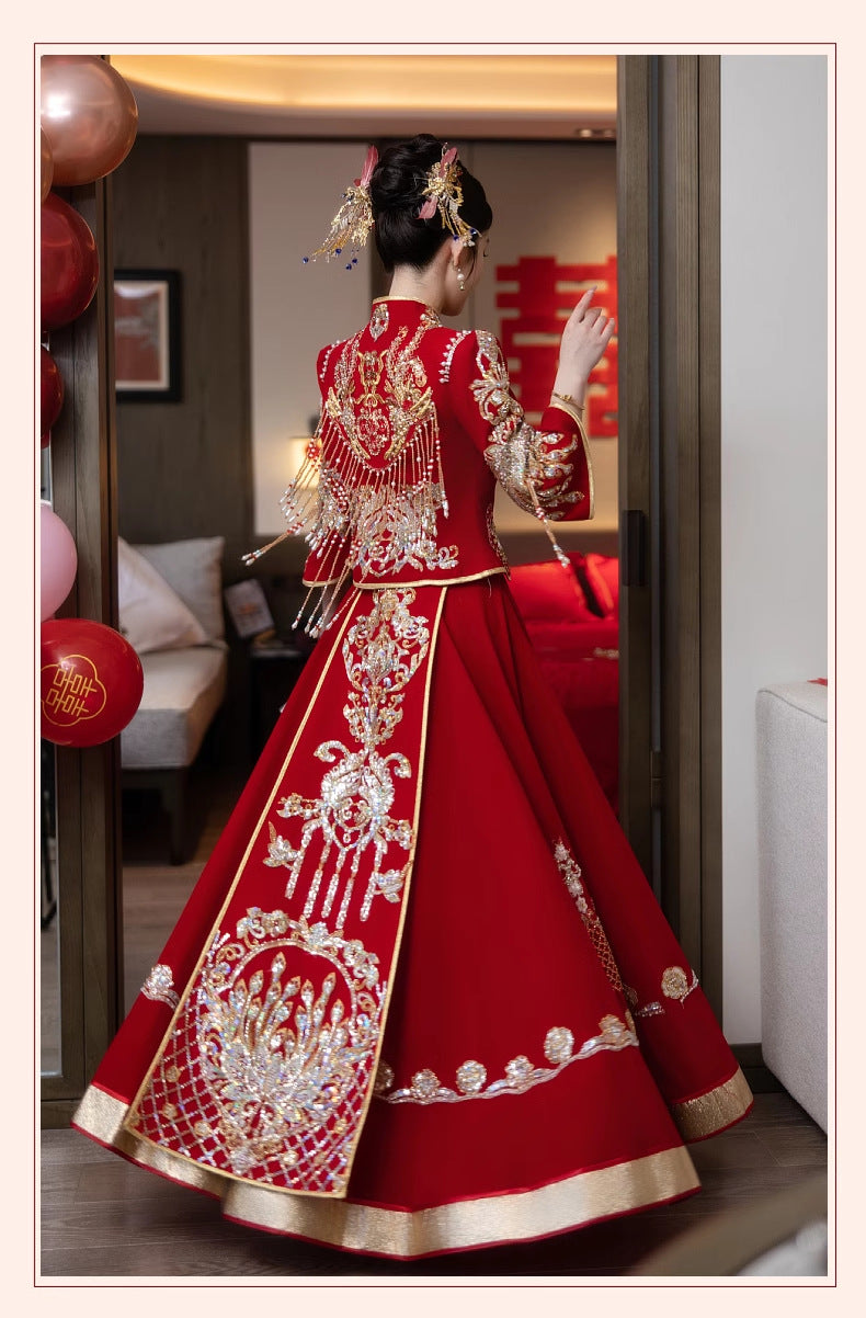 Chinese Satin Xiuhe Bridal Wedding Dress | Embroidered Gown