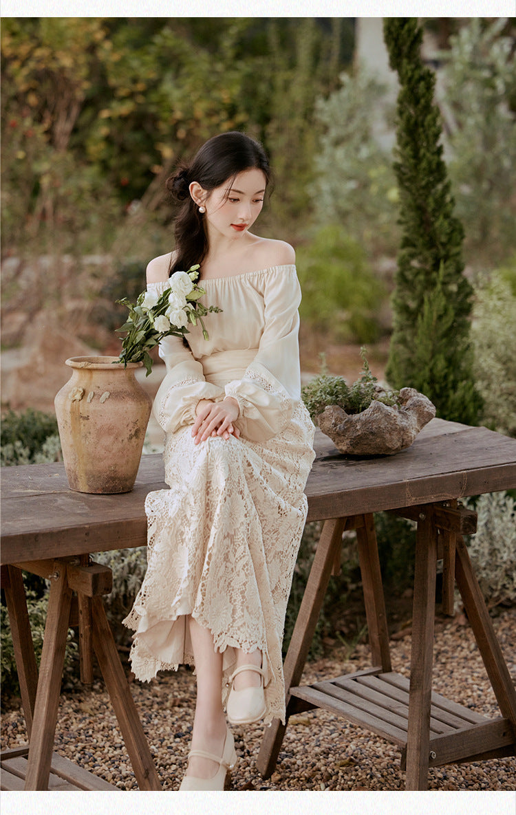 Lace Long Sleeve Dress with Belt, Elegant Women’s Floral Dress