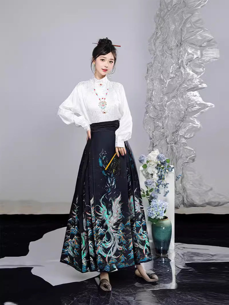 Elegant Phoenix Embroidered Hanfu Skirt Set– Traditional High-Waist Flowing Maxi