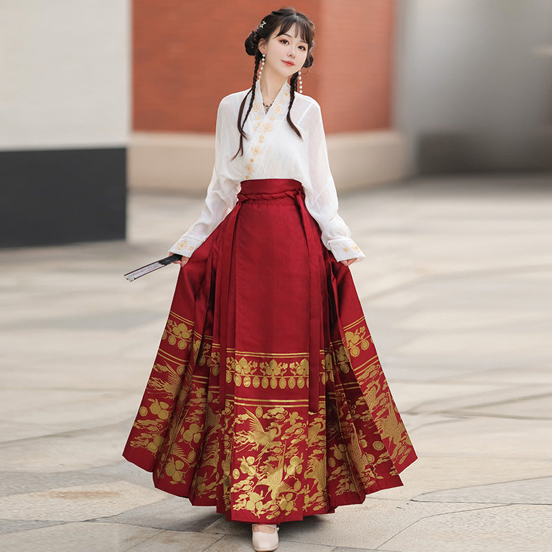 Red & Gold Embroidered Hanfu Mamianqun Skirt – Traditional Chinese Hanfu for wedding Mamianqun