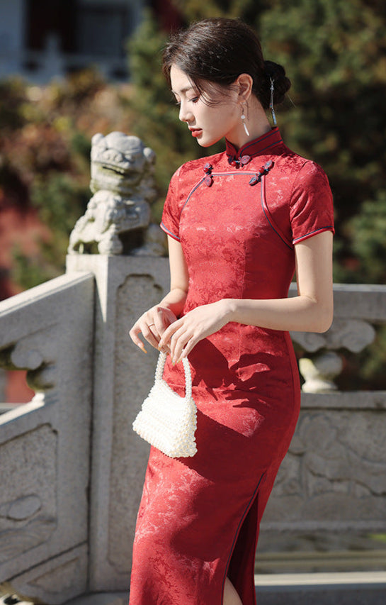 Spring Vintage Jacquard Qipao | Chinese Slim Elegant Short Sleeve Dress