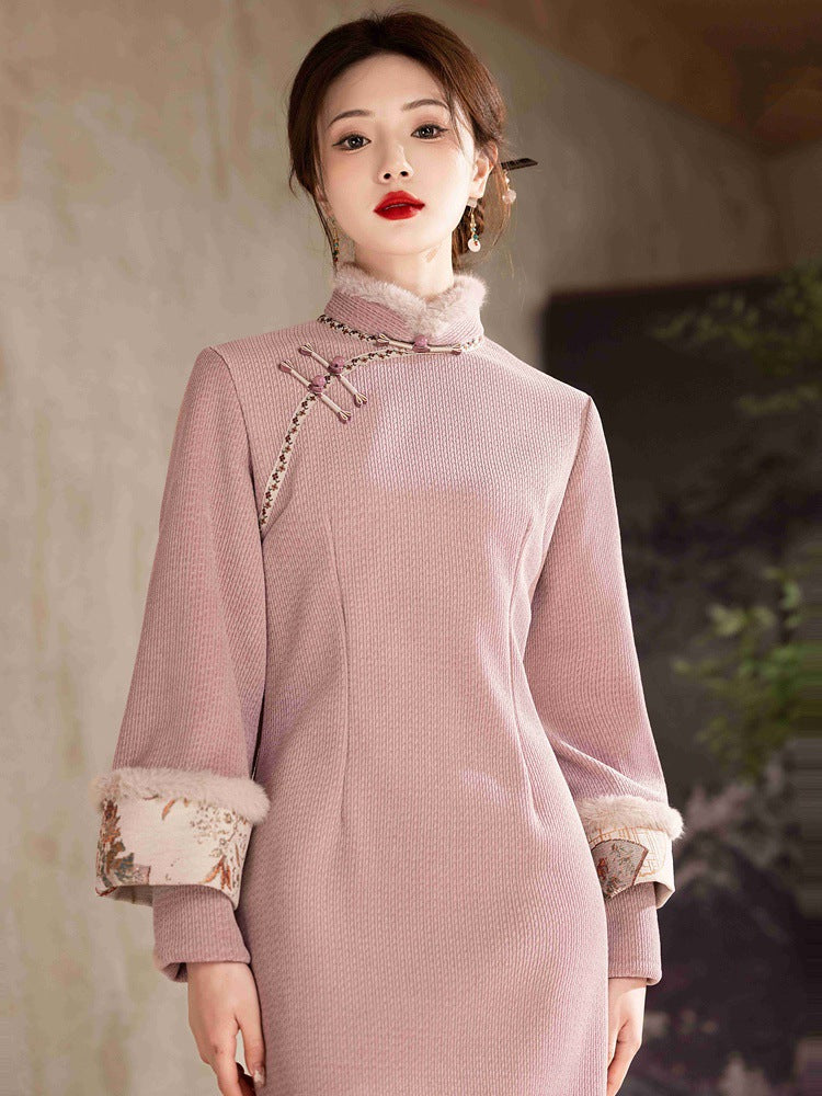 Vintage Chenille Long Sleeve Qipao Dress Winter Warm Midi Cheongsam Hanfu Style