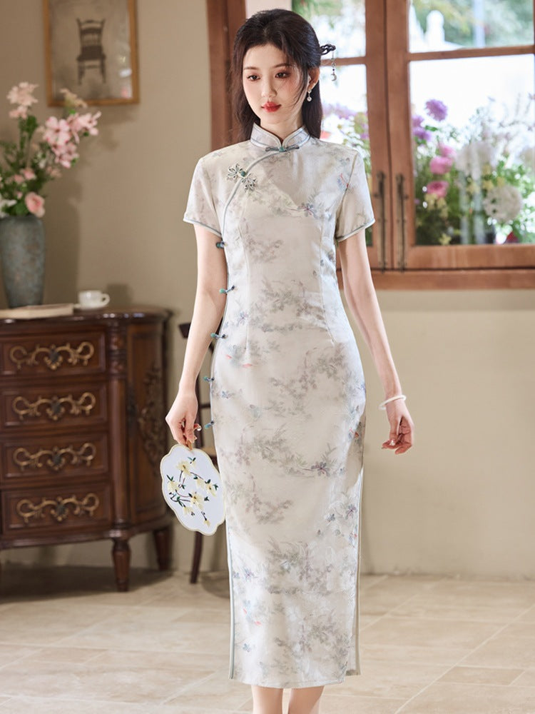 Ivory Jacquard Qipao | Mandarin Collar Slim Midi Dress
