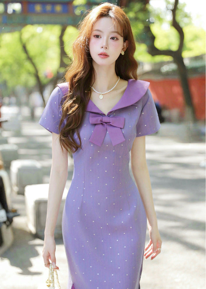Purple Sailor Bow Midi Qipao Dress | Slim Side-Slit, Retro Sweet