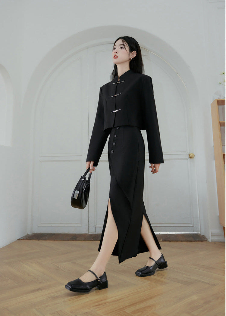 Black Modern Tang Suit Set | Mandarin-Collar Jacket & Slit Maxi Skirt for Early Spring