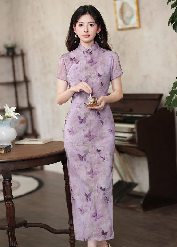 Purple Butterfly Qipao | Slim Mandarin Maxi with Short Sleeves