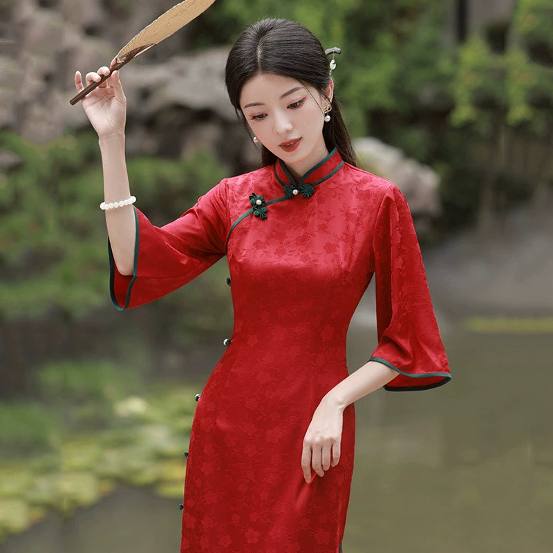 Elegant Red Floral Qipao Dress with Bell Sleeves