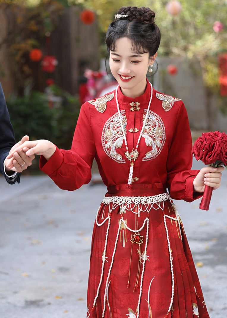 Red Mamianqun Bridal Toast Dress Set | Detachable Warm Cape