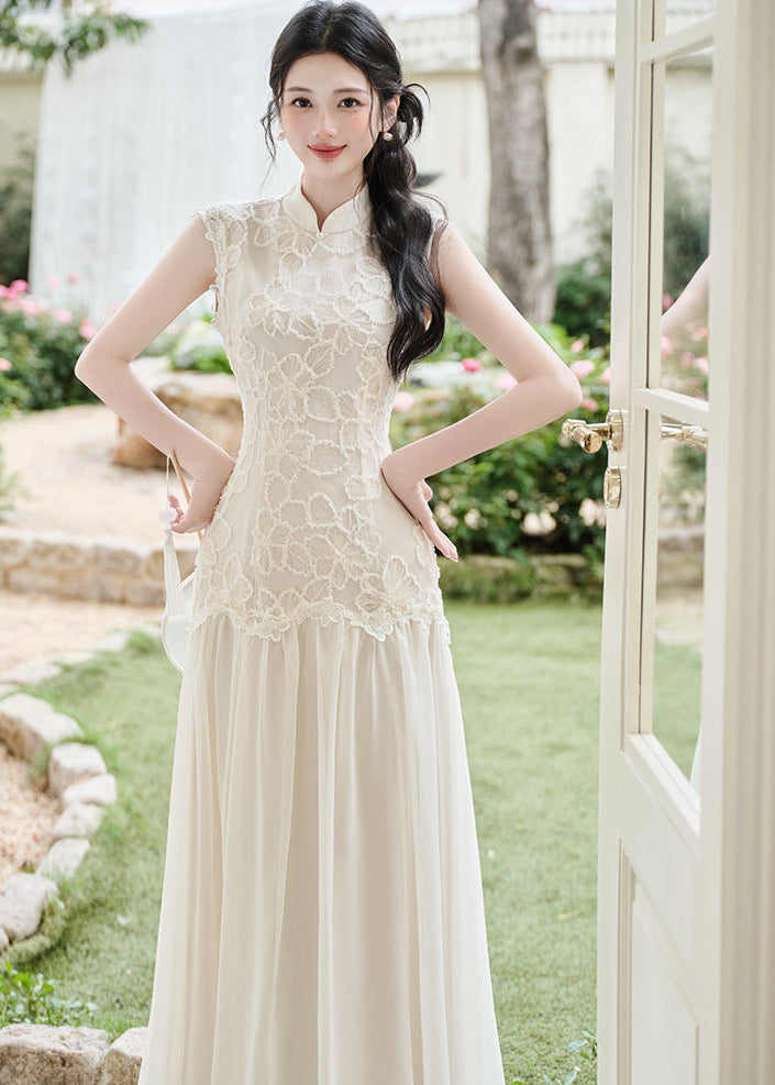Lace Qipao Gown | Sleeveless White Mandarin Maxi Dress