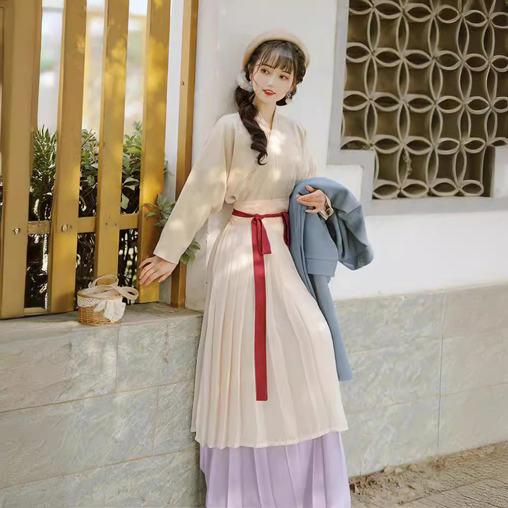 Pleated Skirt with Belt for Hanfu Style, Elegant Green and White Color Combination