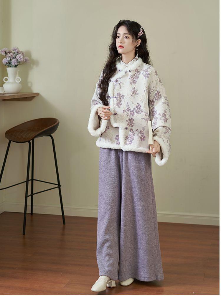 Floral Faux Fur Hanfu Winter Jacket – Elegant Traditional Style Outerwear