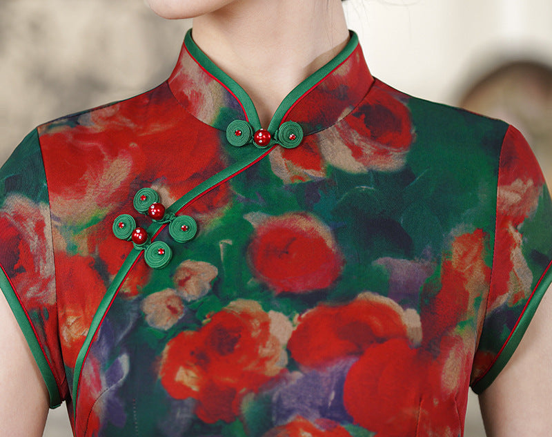 Vintage Oil-Paint Floral Qipao Long Dress | Red-Green Palette