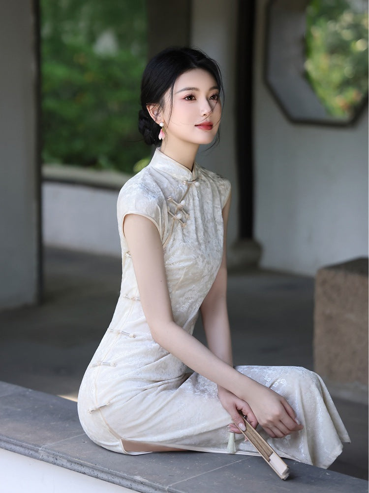 Beige Jacquard New-Chinese Sleeveless Qipao Dress | Sleek Elegant Maxi for Summer