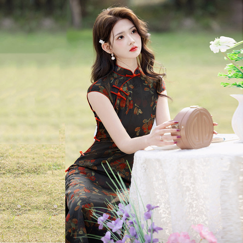 Elegant Floral Cheongsam Dress with Classic Mandarin Collar & Red Knot Details