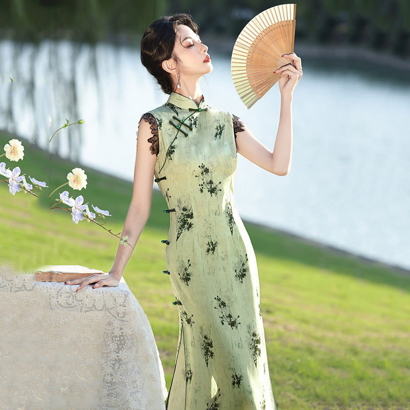 Elegant Vintage Sleeveless Cheongsam Dress – Floral Print Hanfu Qipao Gown