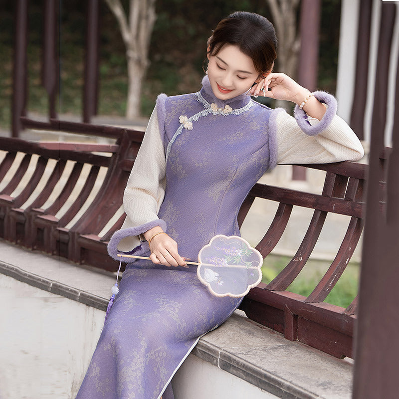 Elegant Purple Cheongsam with Lace and Floral Detailing