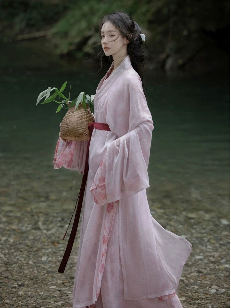 Elegant Pastel Pink Hanfu Dress with Floral Embroidery and Flowing Sleeves