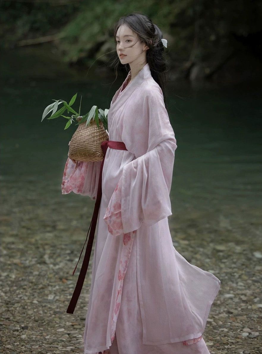 Elegant Pastel Pink Hanfu Dress with Floral Embroidery and Flowing Sleeves