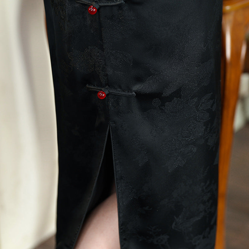 Vintage Black Double-Layer Jacquard Cheongsam Dress | Sleeveless