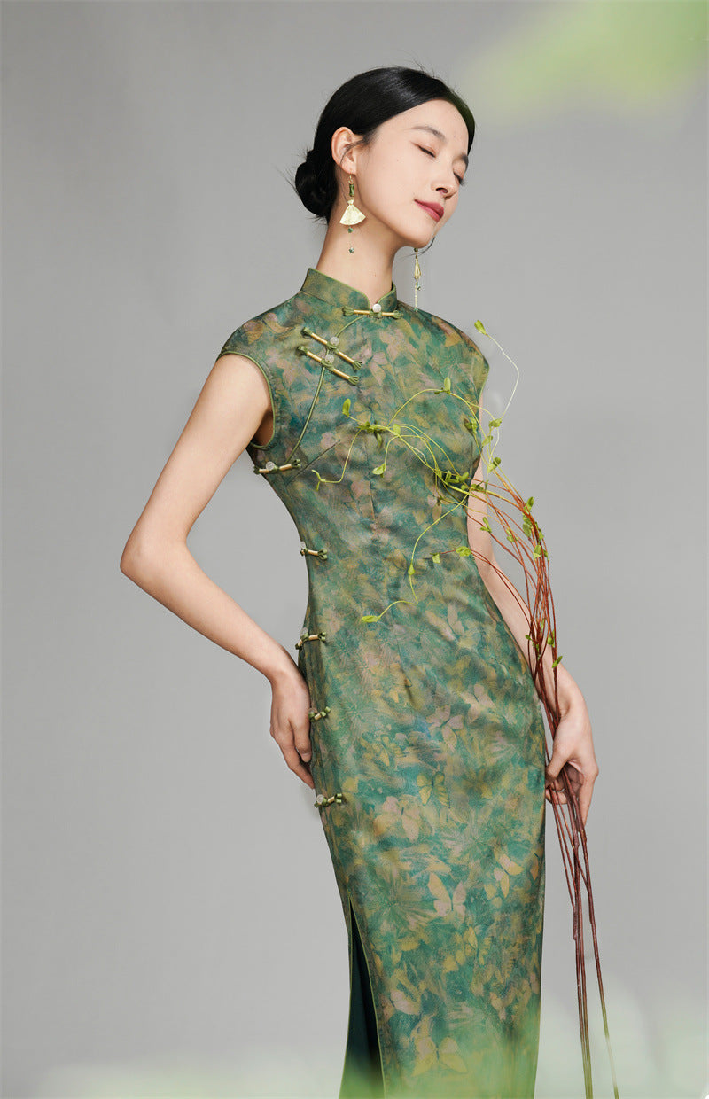 Shanghai Vintage Style Jacquard Satin Qipao | Sleeveless Long Cheongsam
