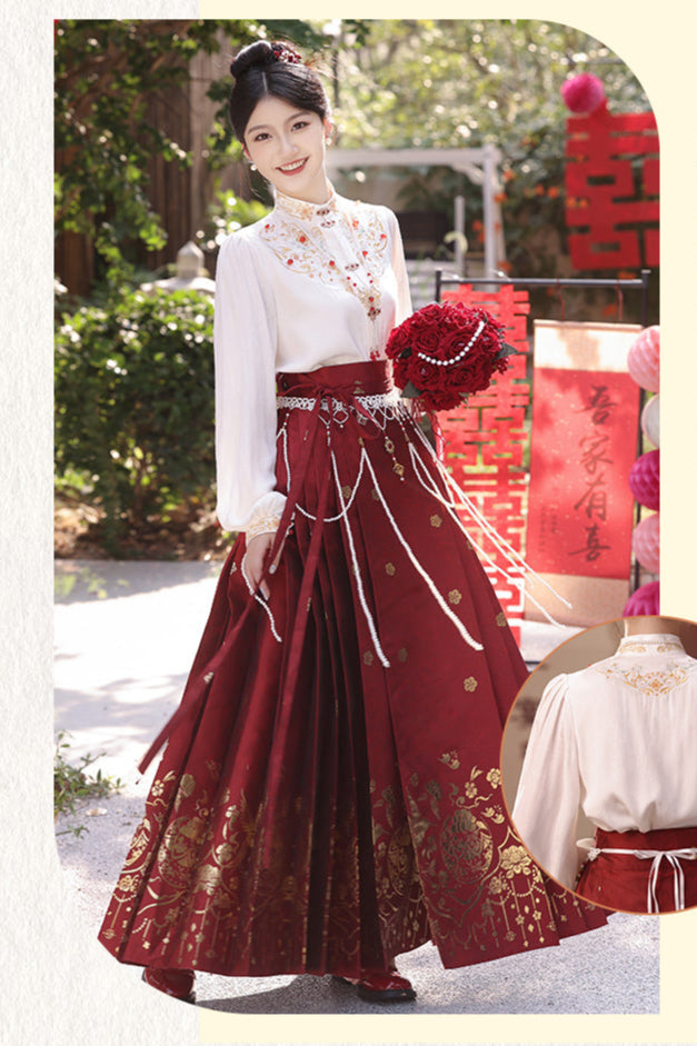 Winter Bridal Embroidered Hanfu Set | Wedding Mamianqun Set with Waist Chain