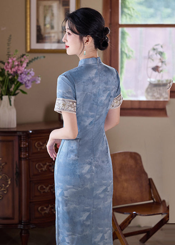 Mist-Blue Vintage Jacquard Qipao | Slim Mandarin Maxi