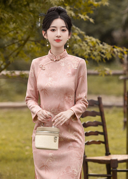 Jacquard Bamboo Long Sleeve Winter Qipao | Elegant Daily Wear