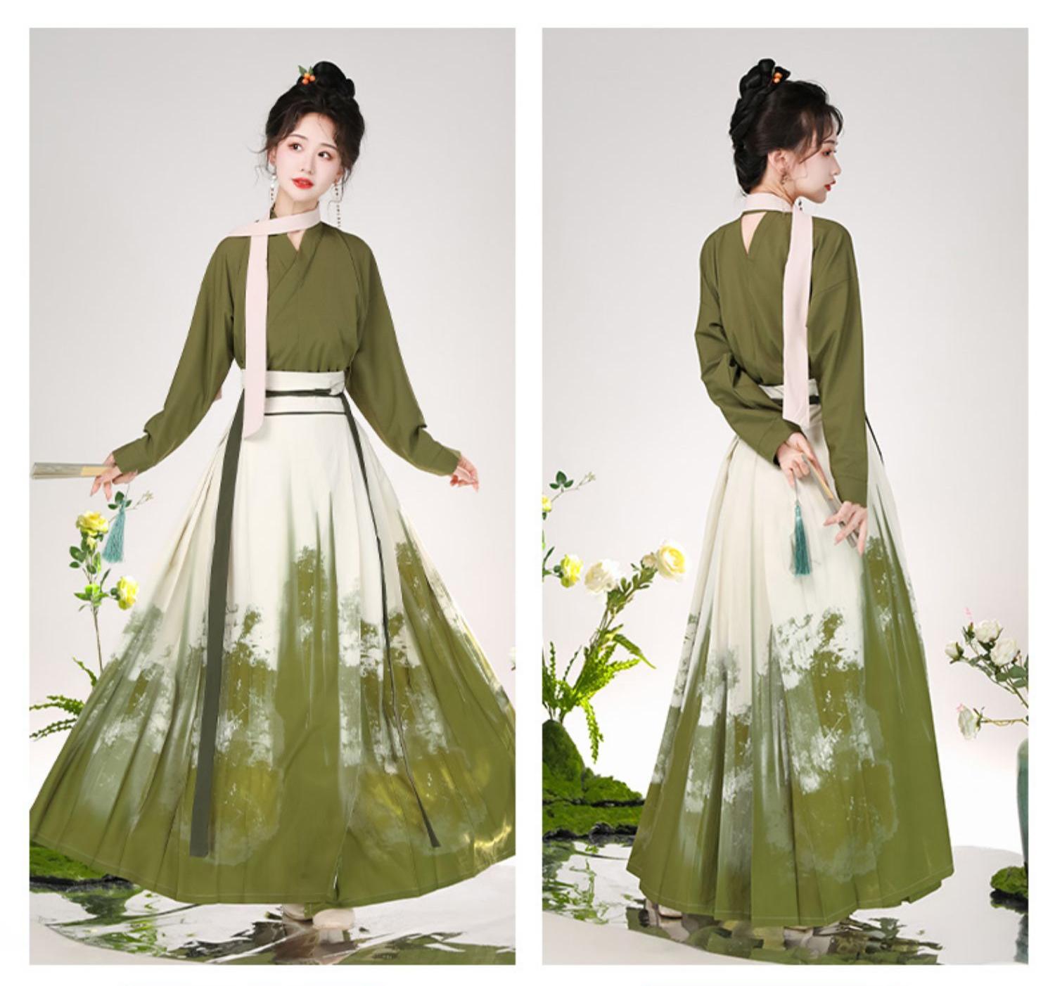 Traditional Chinese Hanfu Dress in Olive Green with Hand-Painted Floral Design