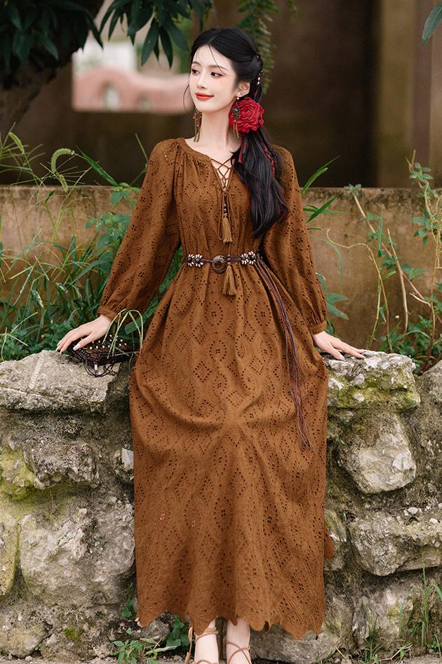 Boho Lace-Up Brown Dress with Long Sleeves