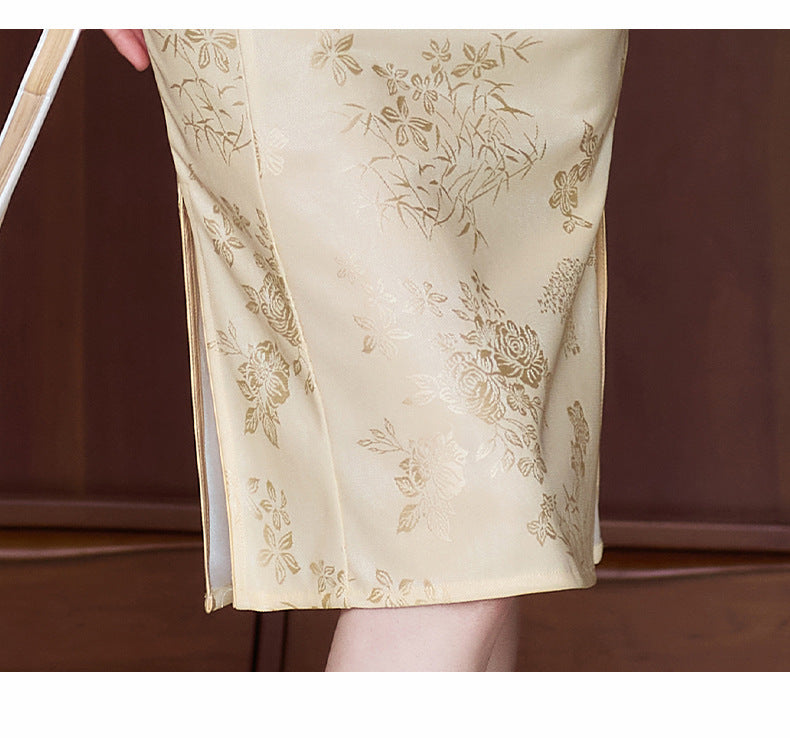Yellow Jacquard Qipao | Slim Mandarin Collar Short-Sleeve Dress