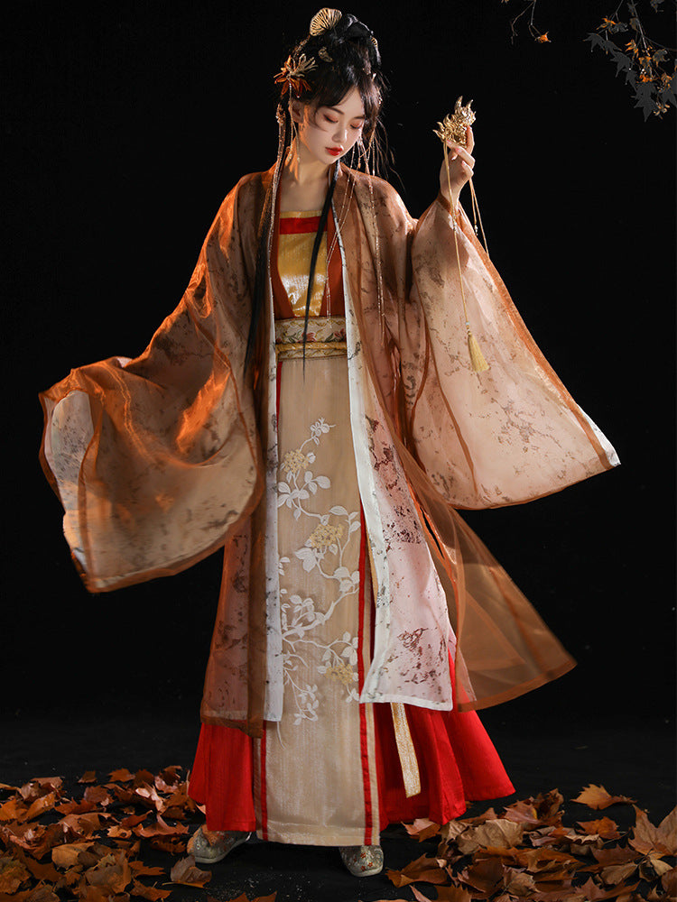 Elegant Tang Dynasty Hanfu Dress Set with Embroidered Cloak & Flowing Skirt