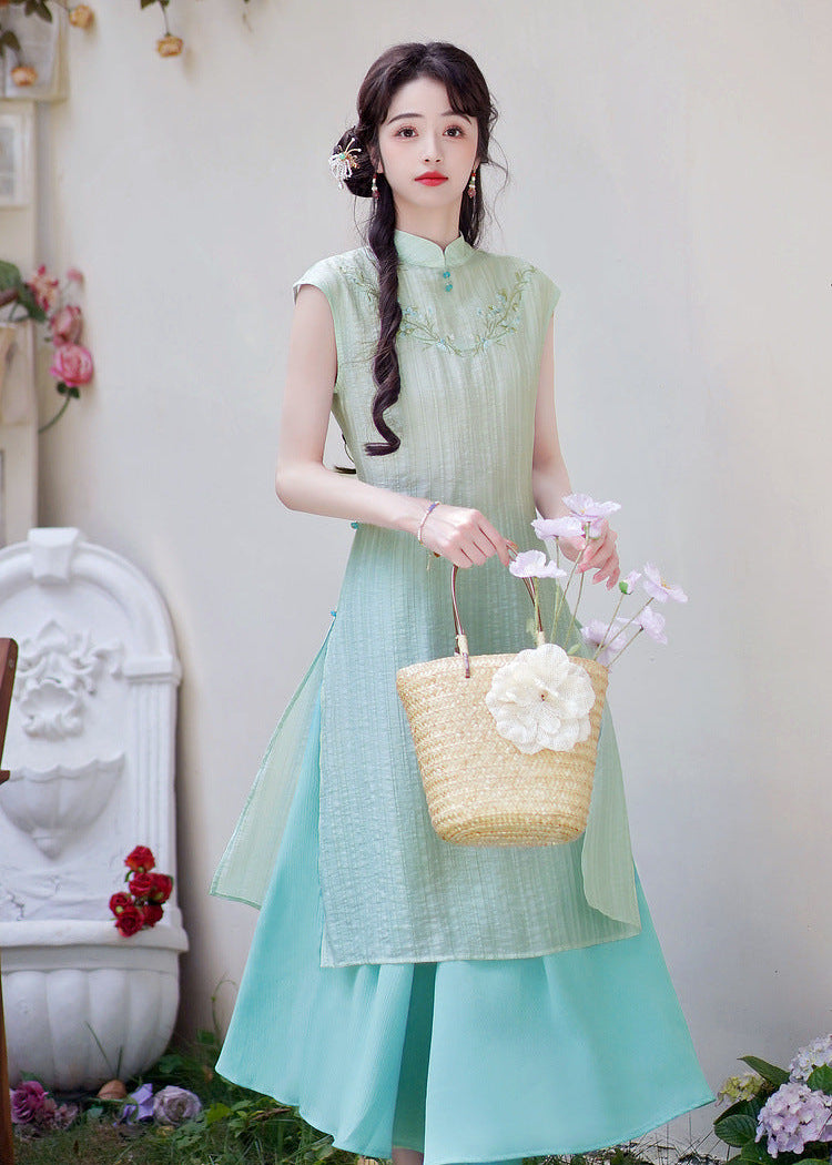 Modern Chinese Summer Two-Piece Green Dress Set