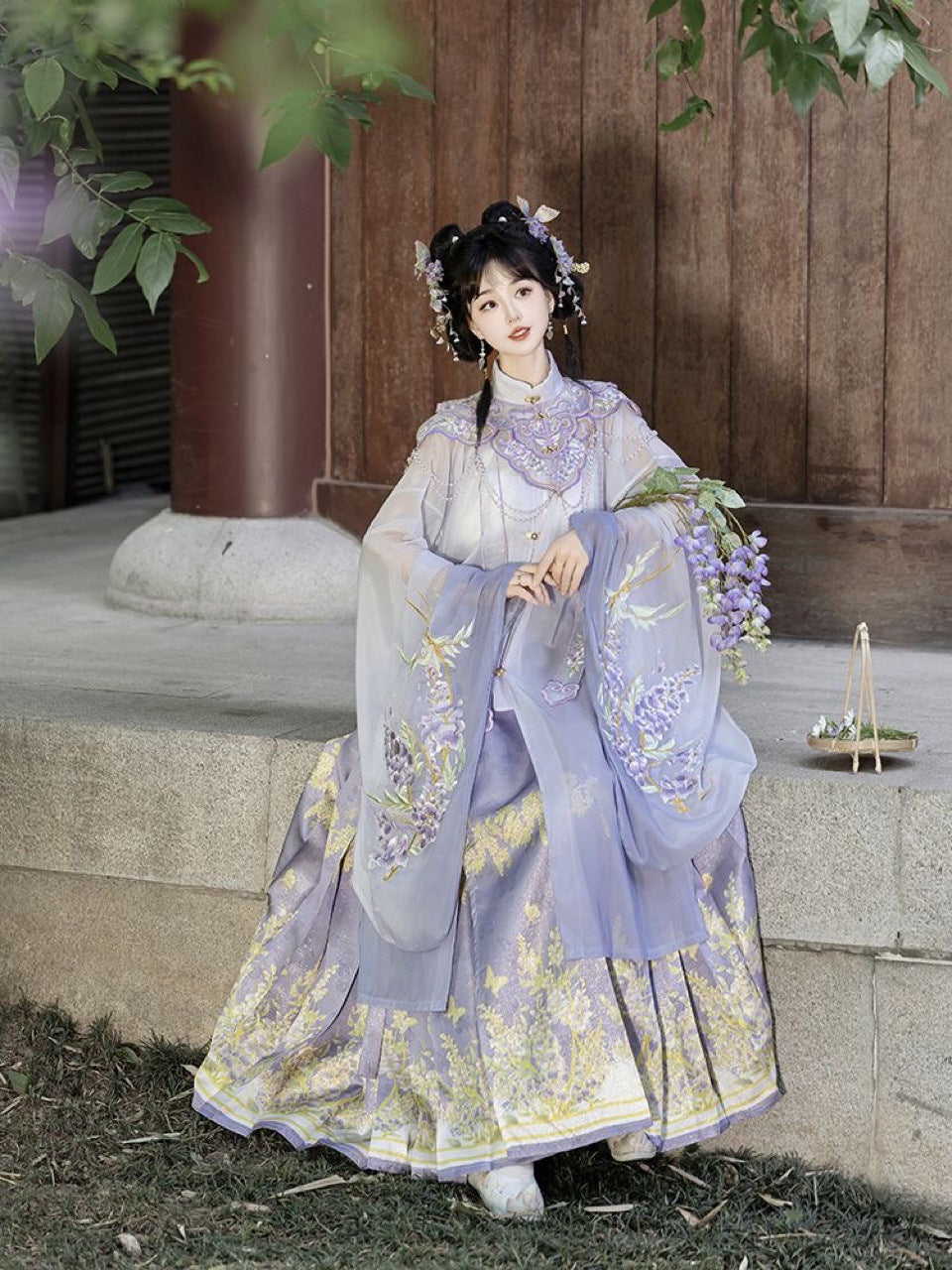 Elegant Wisteria Embroidered Hanfu Dress - Traditional Chinese Style Flowing Robe