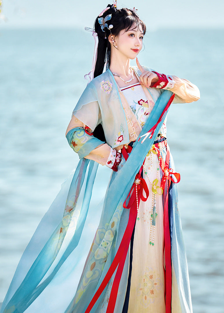 Sheer Shawl Hanfu Set | Embroidered Jacket & Chest-High Skirt