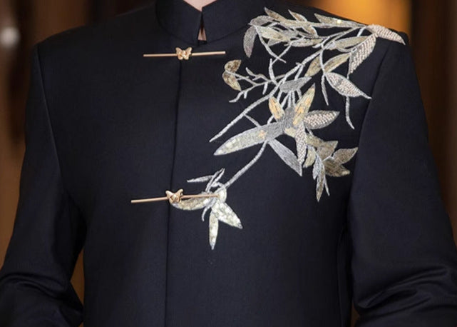 Men’s Black Bamboo Embroidery Zhongshan Suit