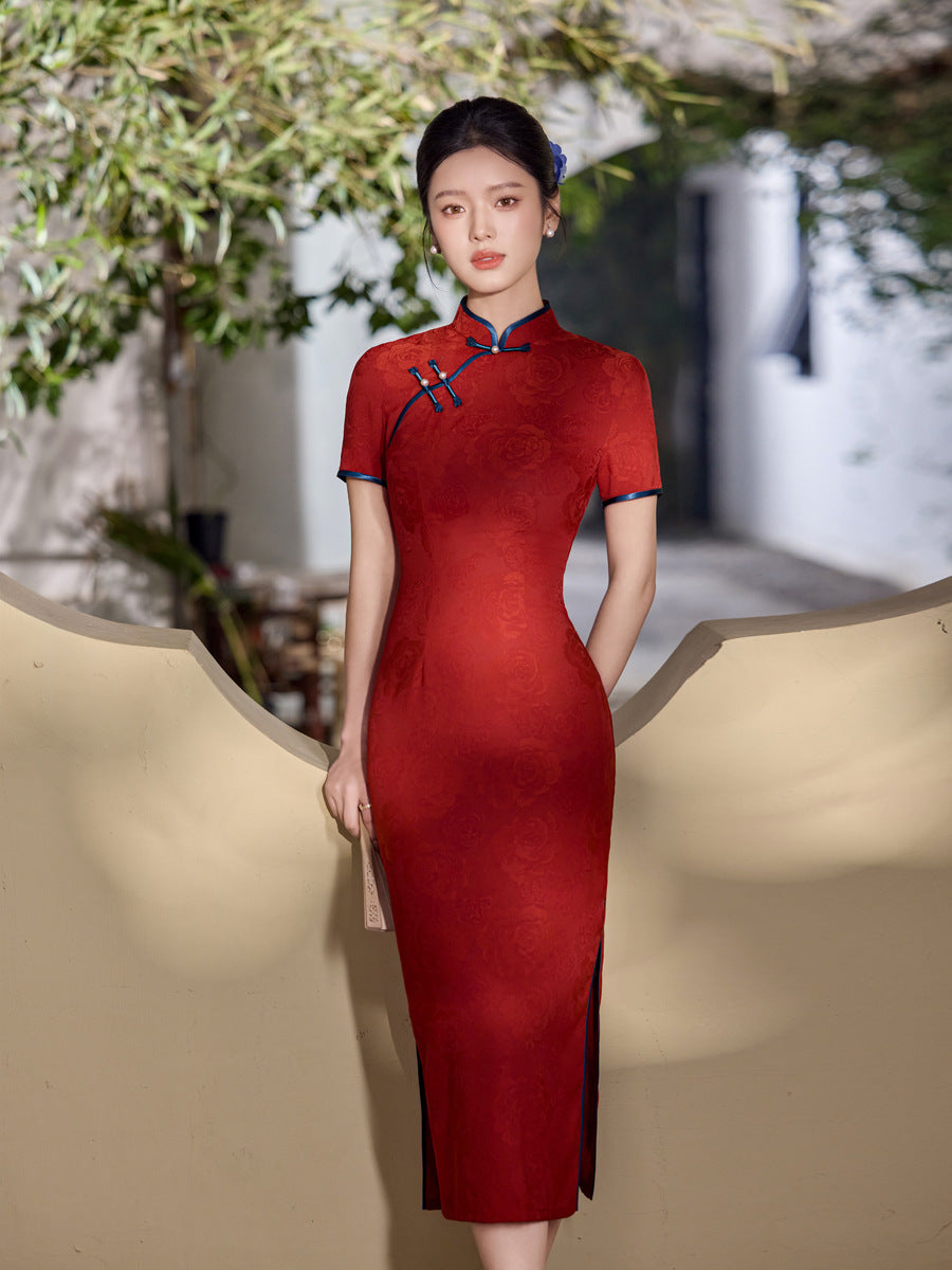 Burgundy Blue-Piping Tonal Jacquard Short Sleeve Qipao Maxi Dress