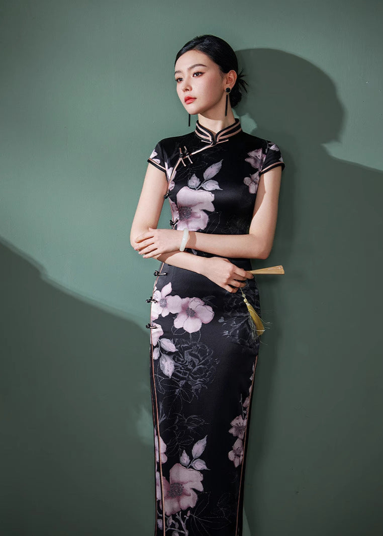 Black Silk Floral Qipao Dress | Slim-Fit Long Mandarin