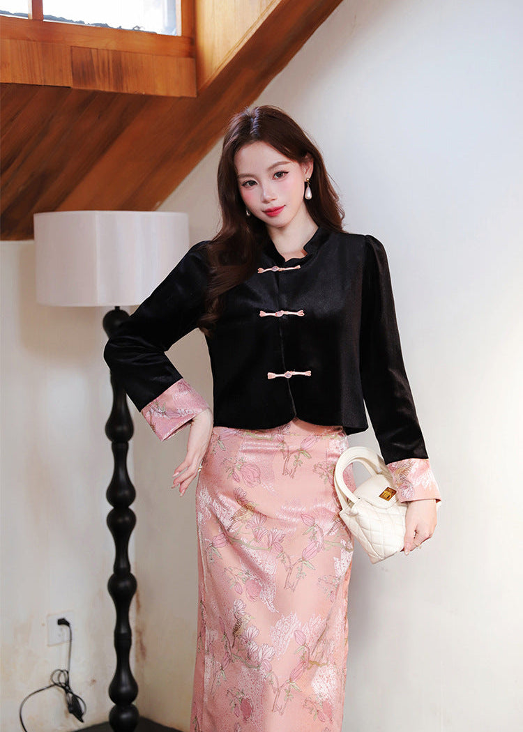 Embellished Frog-Button Top & Jacquard Skirt Set | New Chinese