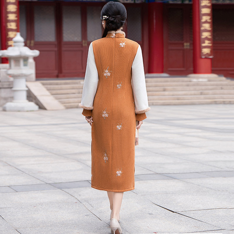 Vintage Embroidered Cheongsam Dress Elegant Hanfu Style Winter Qipao