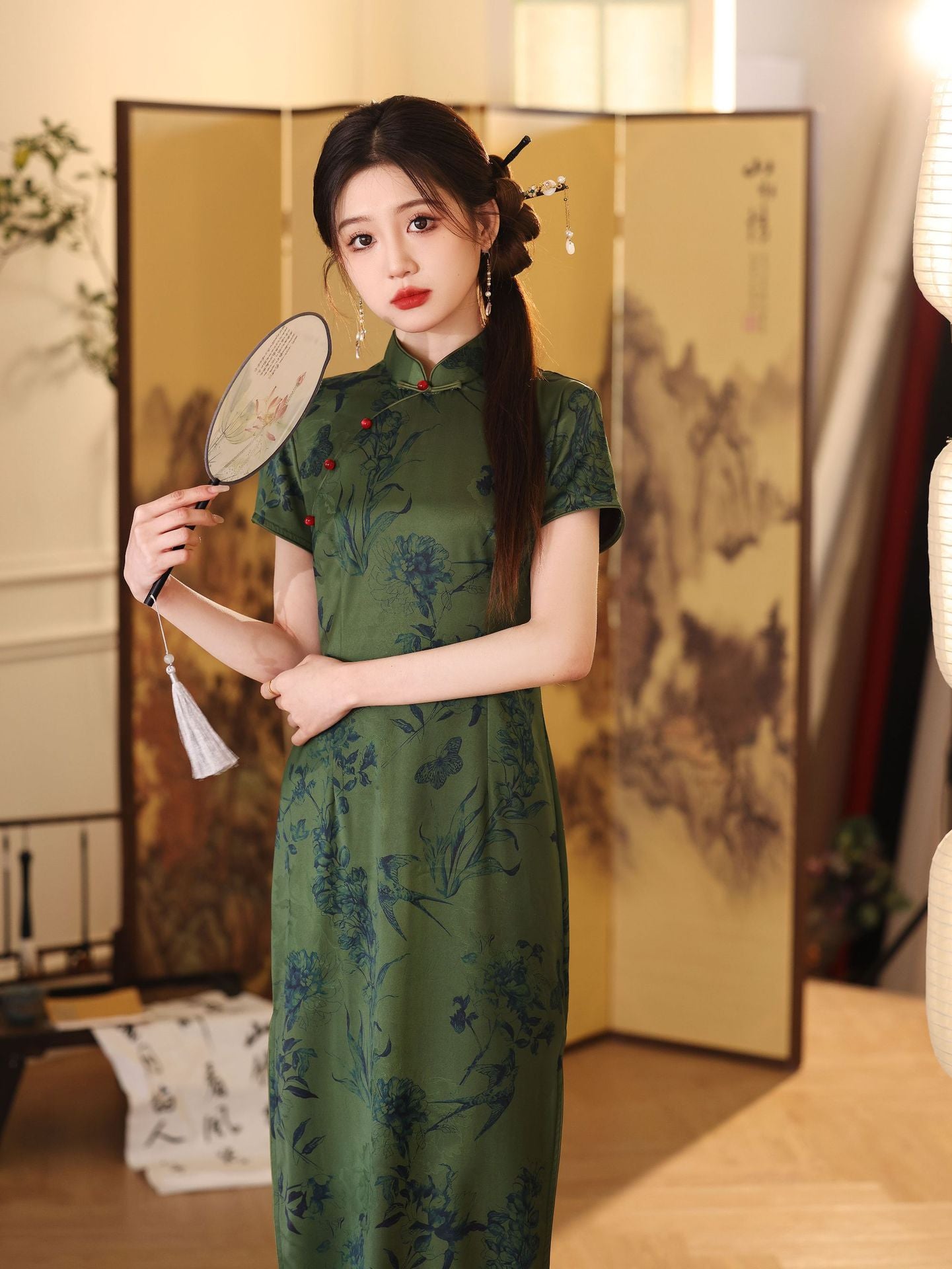 Summer Green Jacquard Qipao | Cap-Sleeve Long Vintage Dress