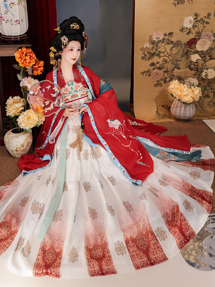 Elegant Embroidered Red Hanfu Dress – Traditional Tang Dynasty Style with Flowing Sleeves