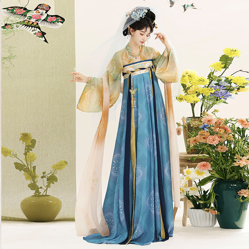 Traditional Chinese Hanfu Dress with Flowing Sleeves and Floral Embroidery