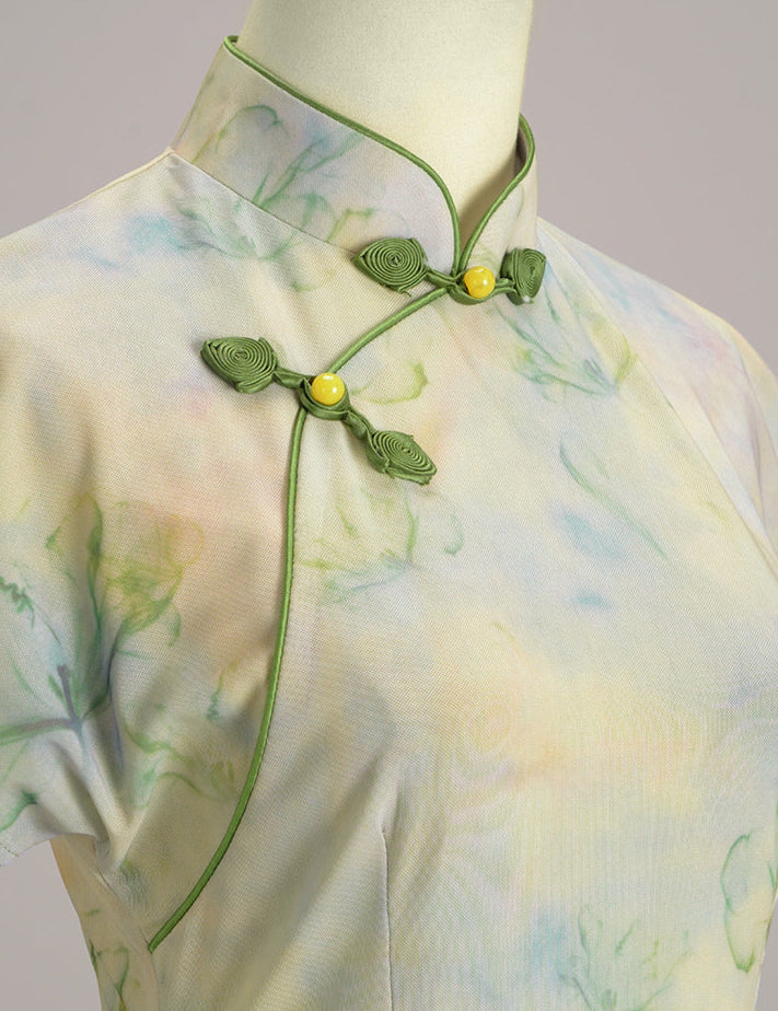 Spring Sleeveless Green Qipao Long Dress | Watercolor Floral