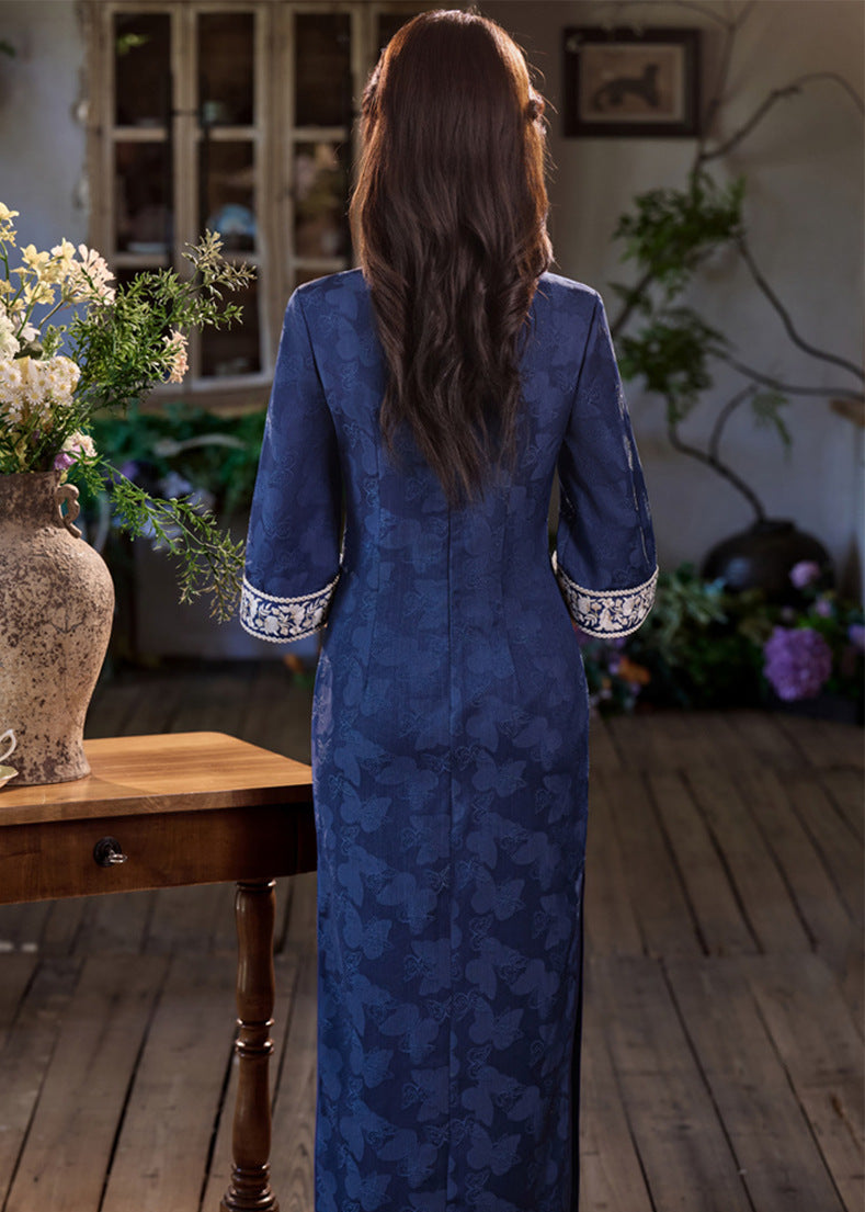Butterfly Jacquard Qipao | Wide-Sleeve Embroidered Maxi, Slim & Elegant