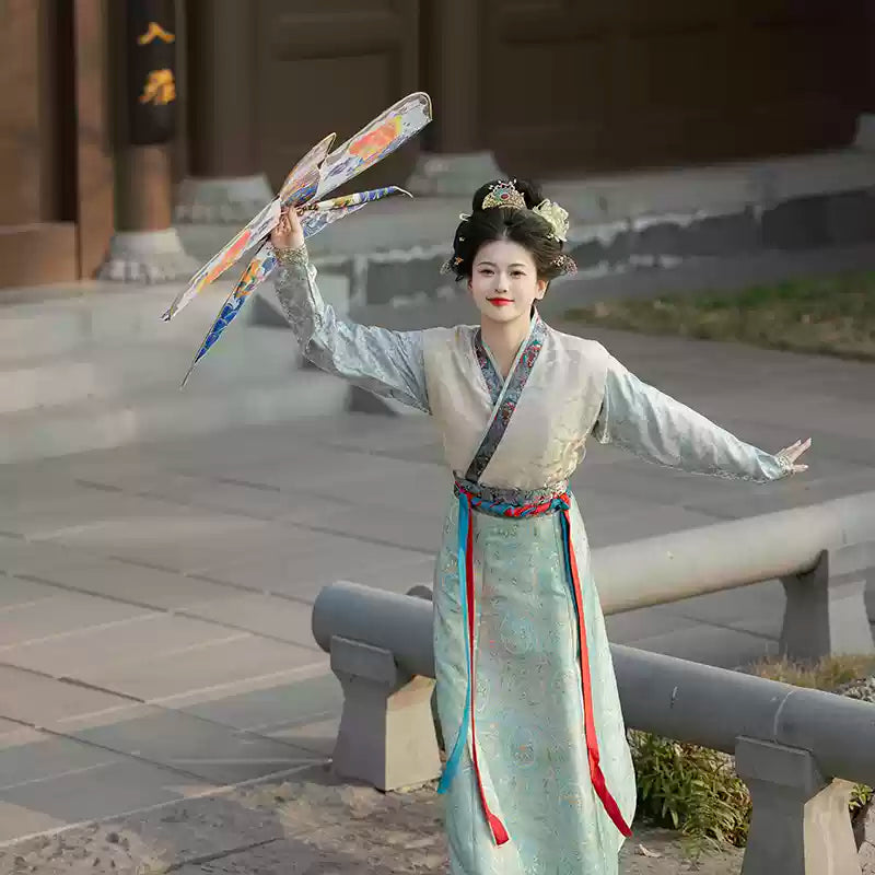 Traditional Tang Dynasty Hanfu Embroidered Dress with Colorful Ribbon Belt