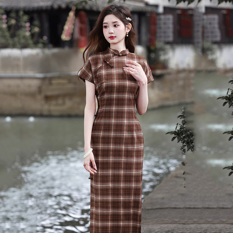 Elegant Plaid Cheongsam Dress Traditional Chinese Qipao for Women