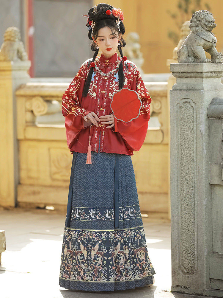 Elegant Red & Blue Traditional Hanfu Dress with Embroidered Phoenix Pattern