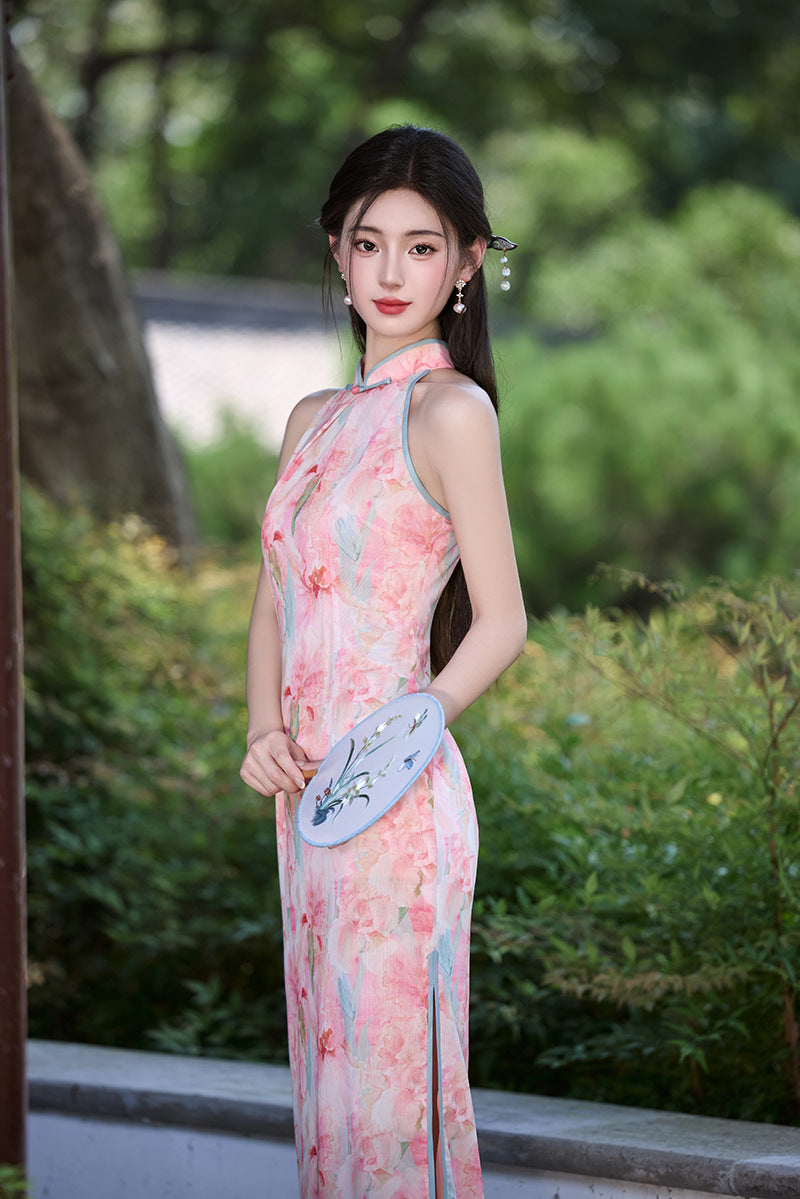 Sleeveless Slim Qipao | Watercolor Print Modern Cheongsam Maxi