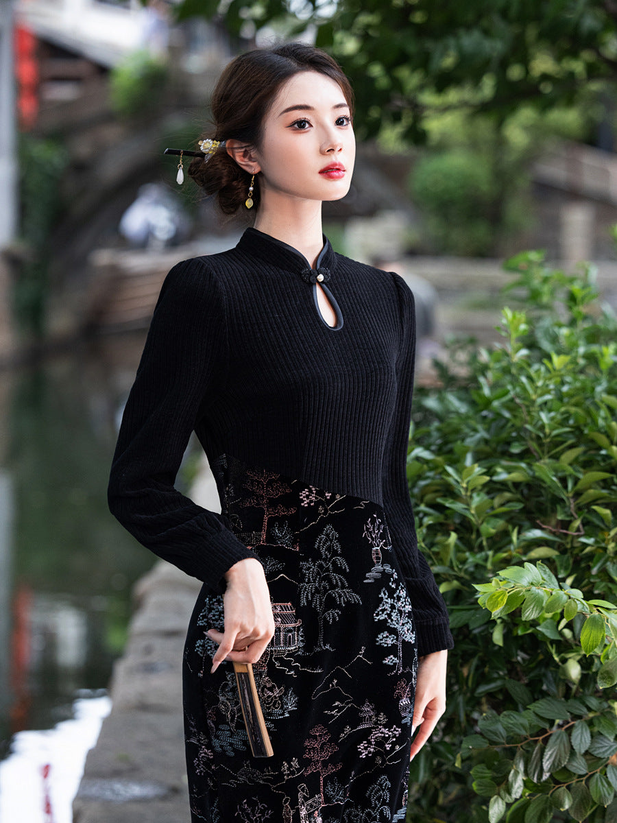 Winter New-Chinese Black Bodycon Dress