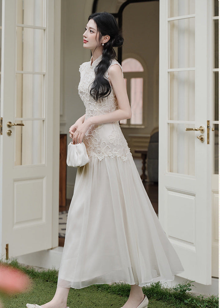 Lace Qipao Gown | Sleeveless White Mandarin Maxi Dress